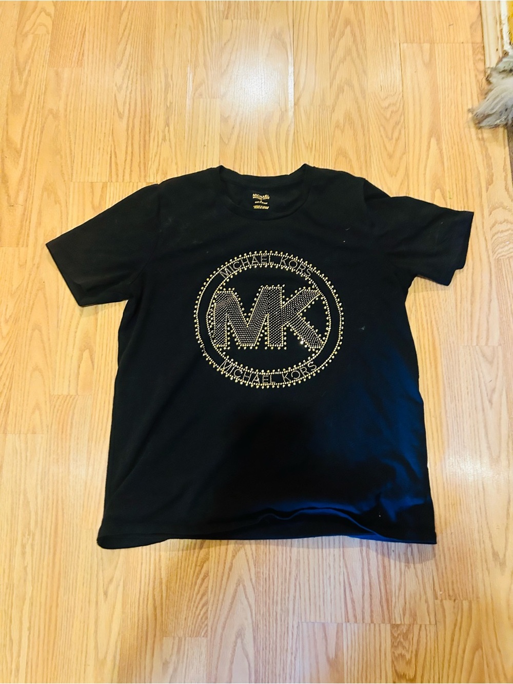 Michael Kors Women’s Black Short Sleeve Tee with Gold Studded MK Logo Sz M